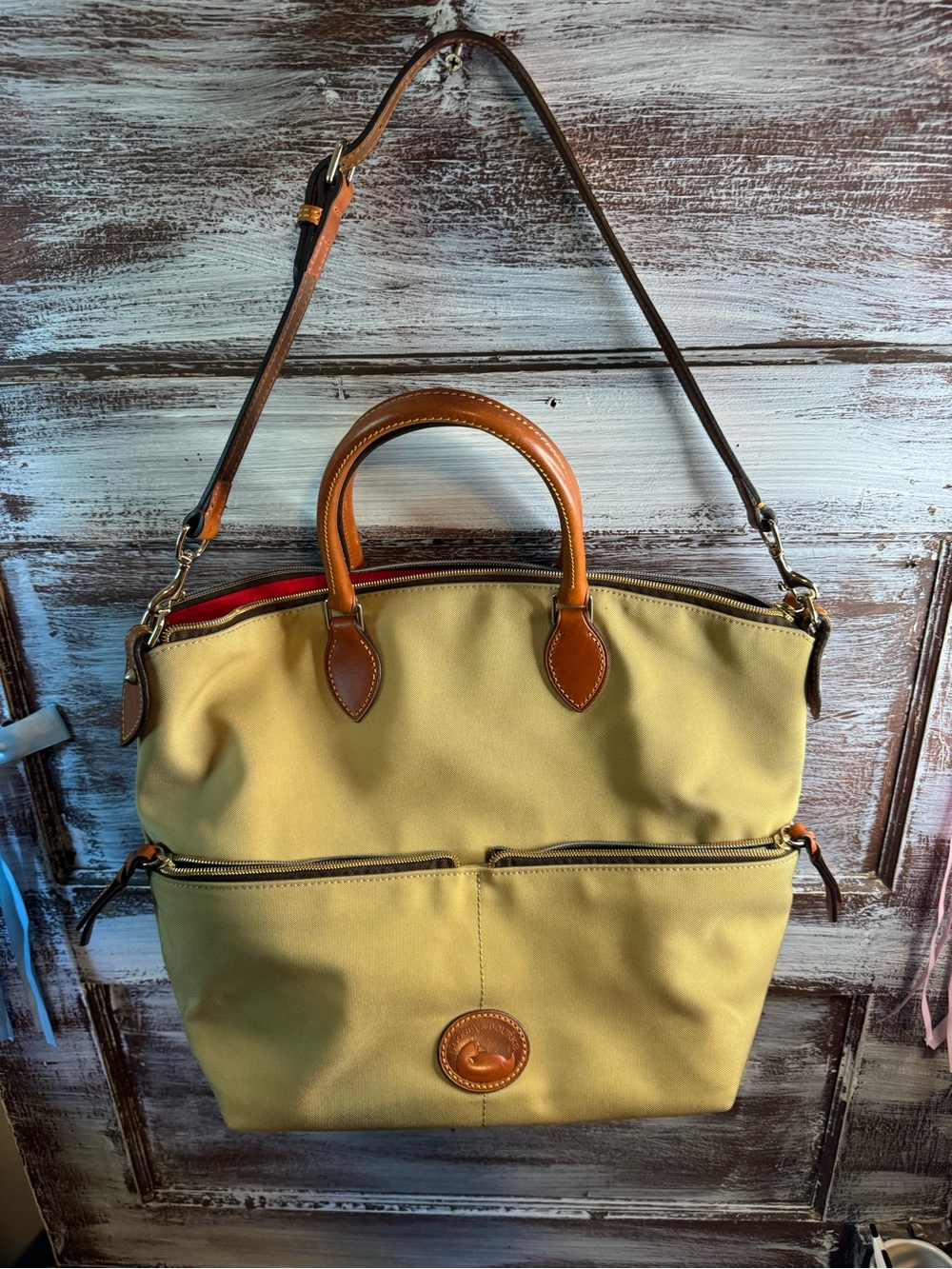 Dooney & Bourke Tan Canvas Satchel with Brown Leather Handles - Picture 4 of 15